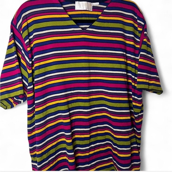 Liz Claiborne Elisabeth 3X Rainbow Stripe Oversized Tee V-Neck Y2K Vibe - Picture 2 of 6